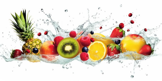 Fruit met Water Splash op witte achtergrond Gezond fruit Rijk aan vitamines Generatieve Ai