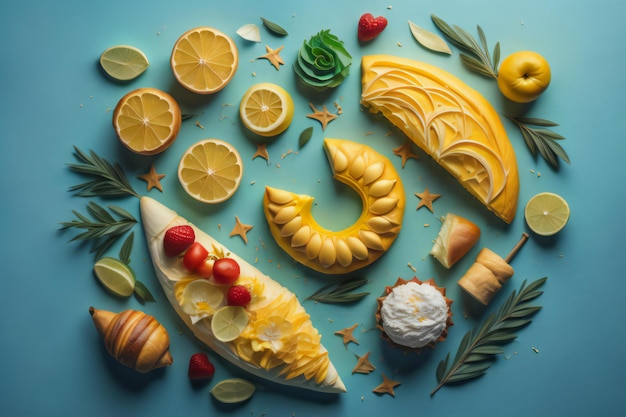 Fruit mix on blue background top view Healthy food concept generative ai