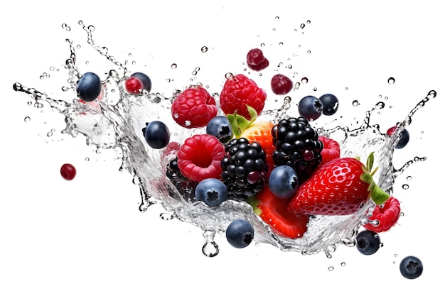 Fruit mix flying in water splash on white background