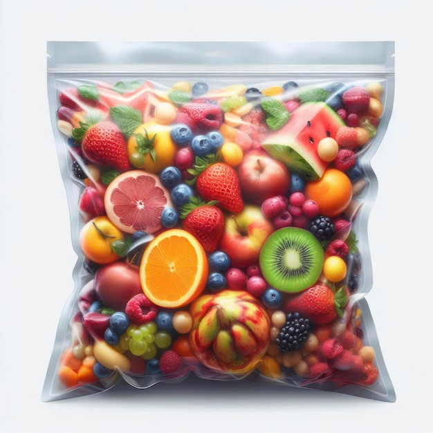 Photo fruit mix in vacuum plastic bag on a white background ai generative