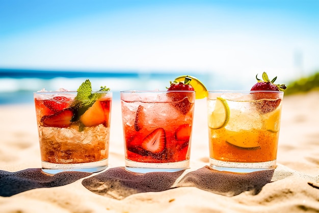 Fruit mixed in glasses on sand beach Ai generated