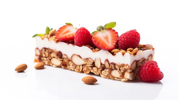 Fruit nut bar isolated in a clean white backdrop with strawberry and nuts Generative AI