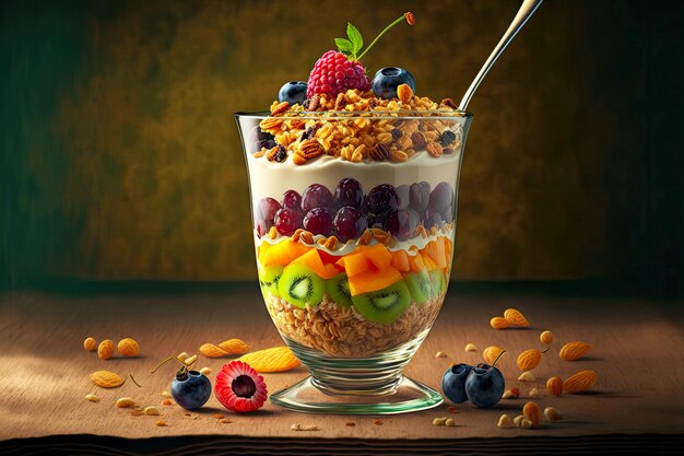 Fruit and nuts breakfast with milk and cereal granola in glass cup