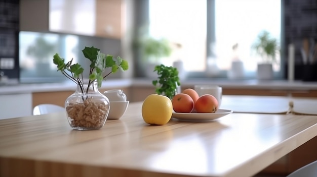 Fruit op een bord op een houten tafel op de achtergrond van een wazige hedendaagse keuken Ai generatieve