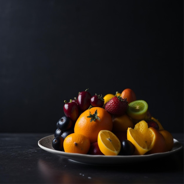 fruit opgestapeld op een bord in de keuken gezien vanaf de zijkant v12