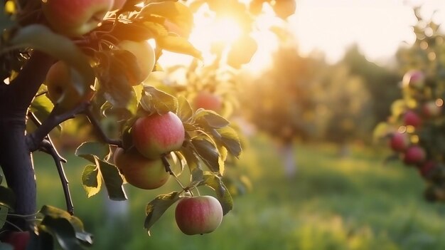 Fruit orchard ripe apples on trees at sunset summer harvest