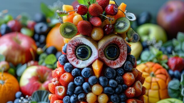 A fruit owl made of strawberries blueberries kiwi and other fruits