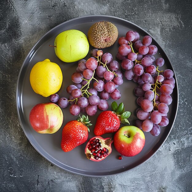 Fruit paarse druiven aardbeien appels citroenen granaatappels lychees één op een bord fotografie top view blender