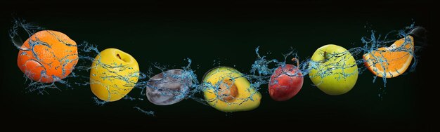 Foto frutta panorama succosa arancia avocado mela prugna fa bene alla salute e un dessert di prima classe per i tuoi ospiti