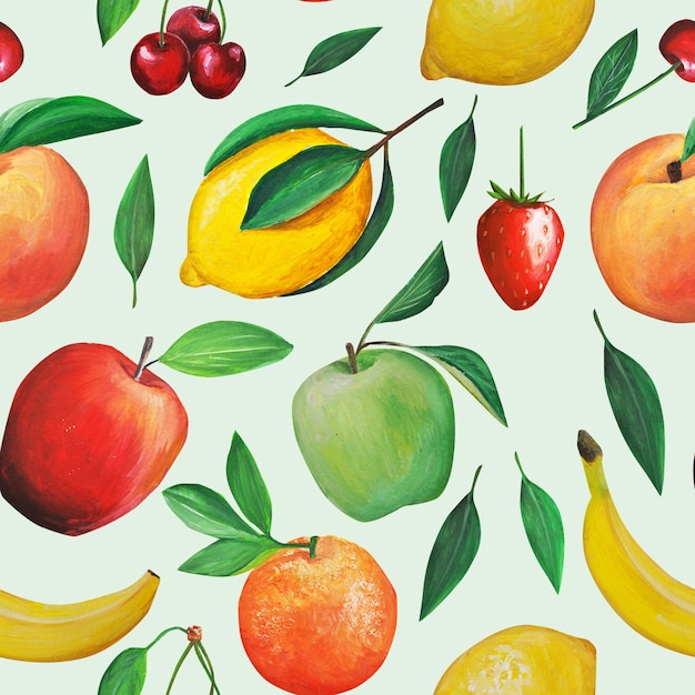 Photo fruit pattern. oranges, bananas, apples, pears, lemon and leaves.