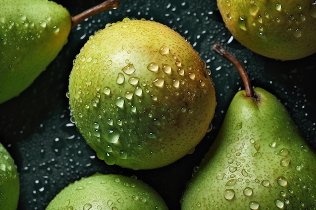 Photo the fruit pear with water droplets on the brown background