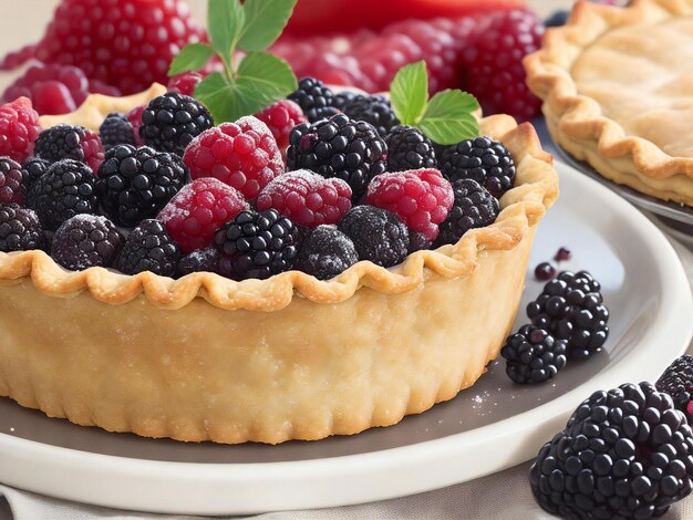 A fruit pie with blackberries in the background ai generated