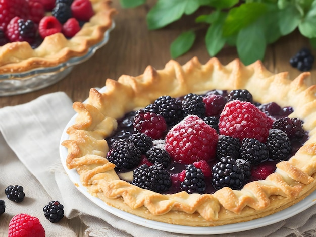 A fruit pie with blackberries in the background ai generated