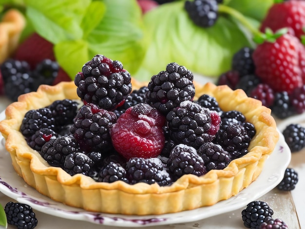 A fruit pie with blackberries in the background ai generated