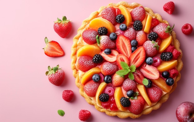 fruit pizza op pastel achtergrond bovenkant met kopie ruimte echt