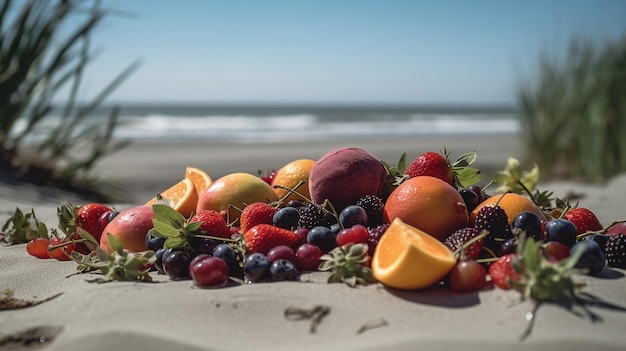 A fruit plate on the beach with the beach in the background