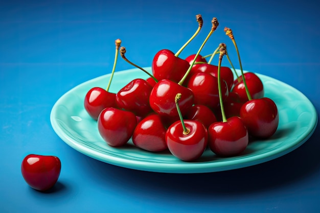 Fruit plate on blue decor ripe red cherries on sweet background