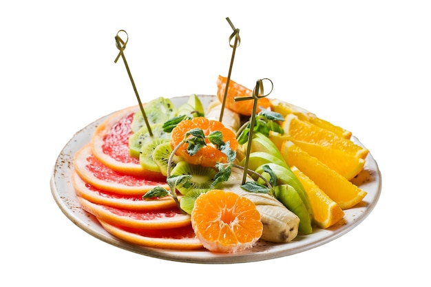 Fruit plate grapefruit tangerine kiwi orange banana Apple Isolated on white background