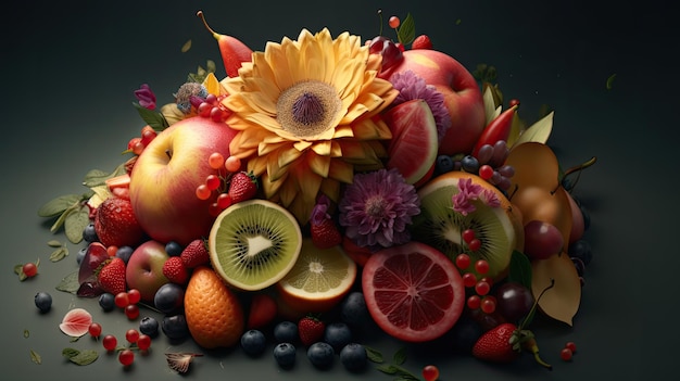 A fruit plate with a flower on it