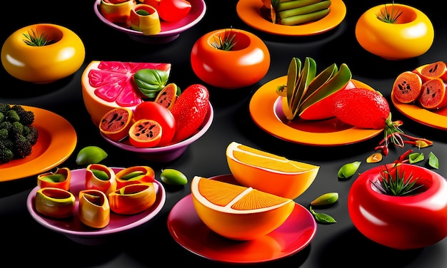 Foto piatto di frutta e delizioso piatto di cibo, poster pubblicitario, sfondo promozionale