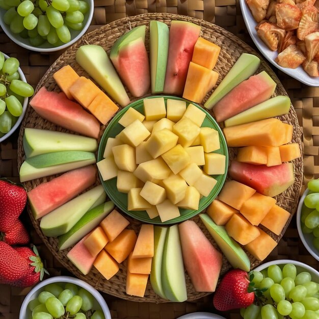 A fruit platter with slices of cantaloupe and chunks of honeydew melon