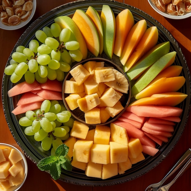 a fruit platter with slices of cantaloupe and chunks of honeydew melon