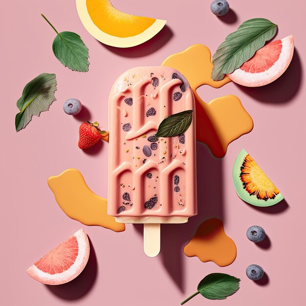 Fruit popsicle with ingredients over pink tile background Illustration AI Generative