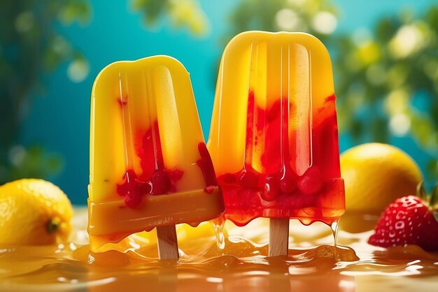 Fruit popsicles melting against a sunny yellow background