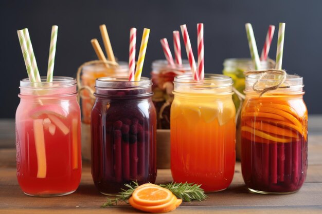 Fruit punch in mason jars with ecofriendly straws created with generative ai