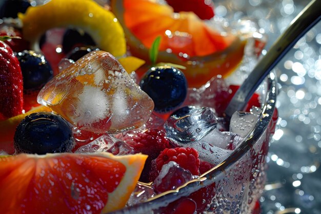 a fruit punch with ice and a ladle