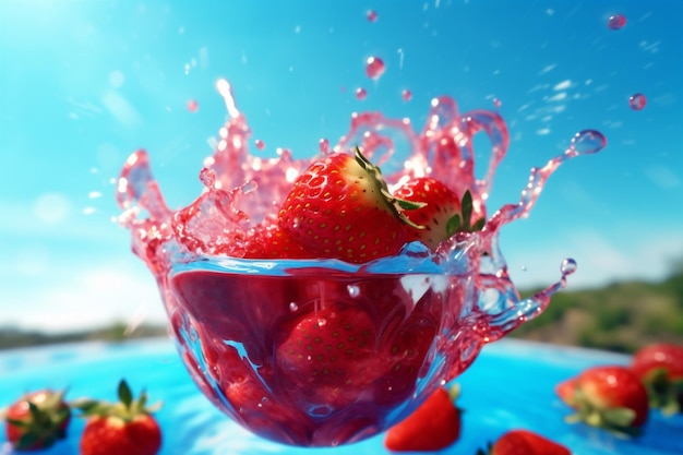 Fruit rood frisheid water verse aardbeien achtergrond blauw splash voedsel gezond Generatieve AI