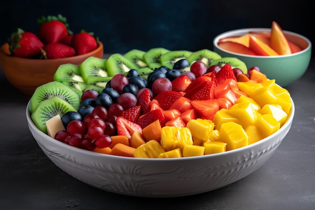 A fruit salad arranged to look like a rainbow