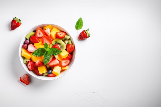 Fruit salad in a bowl isolated on white background with copy space top view