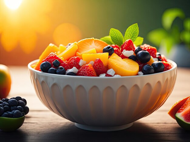 Fruit salad in bowl on light background ai generative