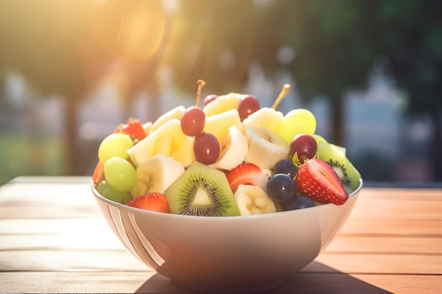 Fruit salad in bowl summer fresh food Sunny rays lighting background Generative AI