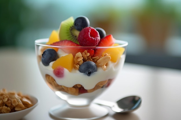 Fruit salad bowl with many fruits inside and blurry background