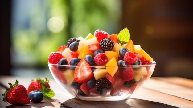 A fruit salad in a bowl on the wood table