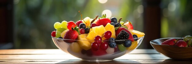 A fruit salad in a bowl on the wood table