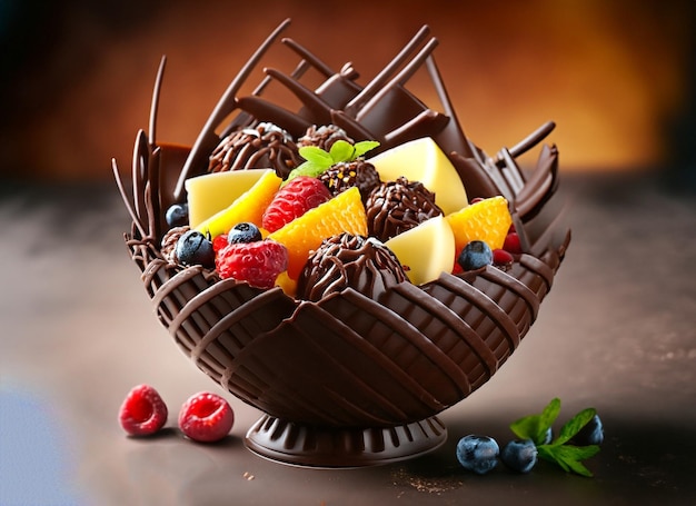 Fruit salad in a chocolate bowl HD