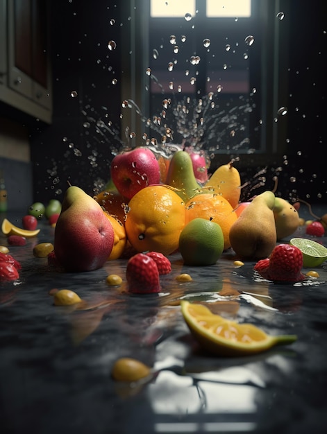 Fruit salad falling to the floor Generative Ai