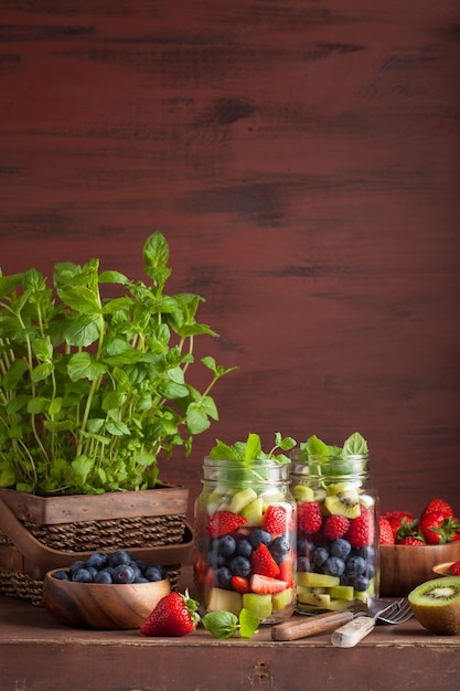Fruit salad in mason jar strawberry blueberry kiwi apple mint