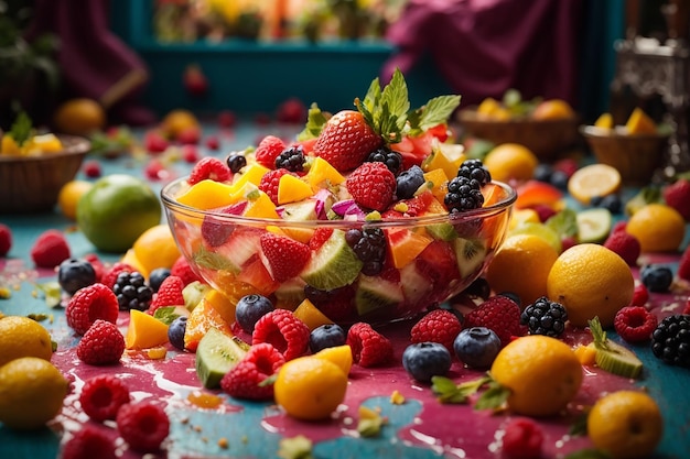 Photo fruit salad spilling on the floor was a mess of vibrant colors and textures