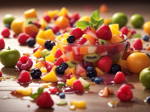 Photo fruit salad spilling on the floor was a mess of vibrant colors and textures