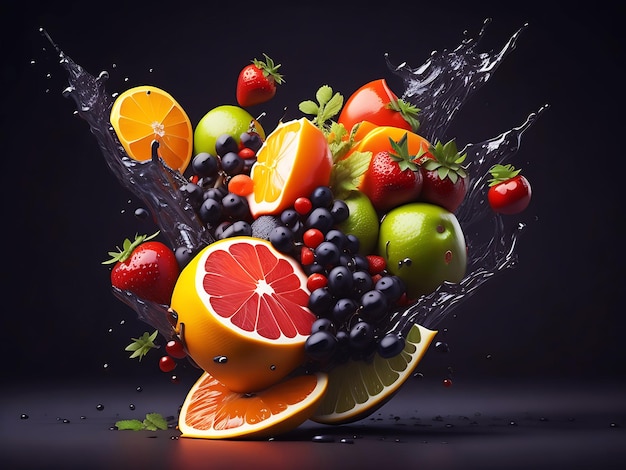 Fruit salad spilling on the water Generative Ai