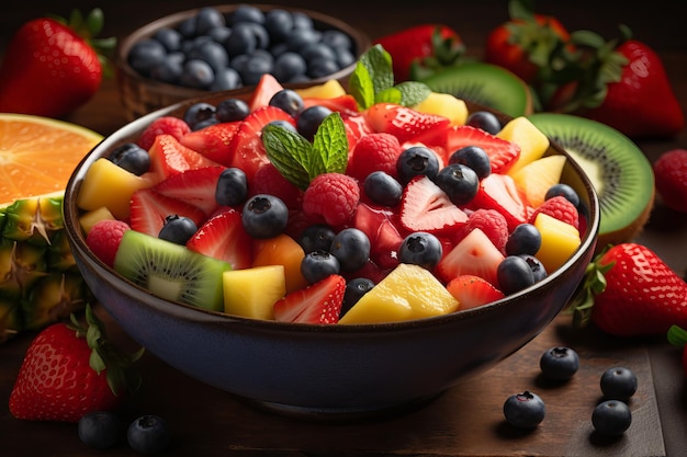 Fruit salad with juicy slices of watermelon pineapple and strawberries surrounded by fresh blueberries and raspberries Generative ai