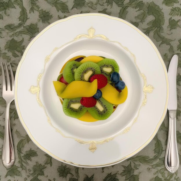 Foto insalata di frutta con kiwi, mango, mirtilli e lamponi