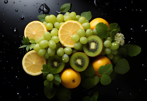 Fruit salad with lemon kiwi and grape on black background