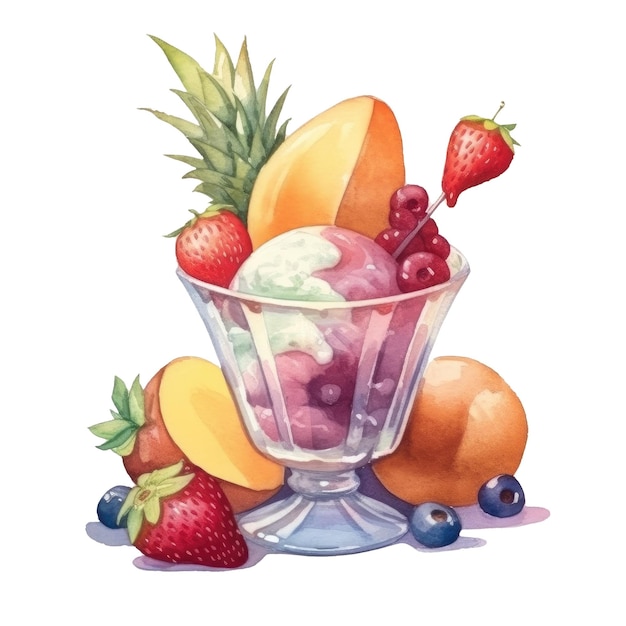 Fruit salad with vanilla ice cream in glass sundae dish cup isolated on transparent background Ai generative