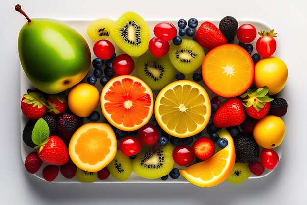 Fruit salad with a variety fruits isolated on white background