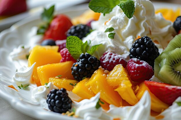 Photo fruit salad with whipped cream and fresh berries